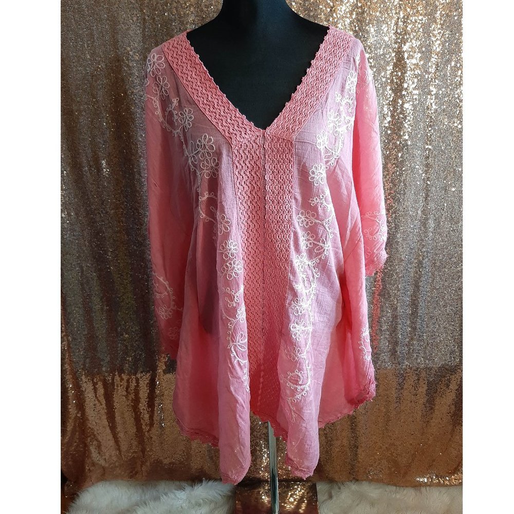 Beach by Exist Pink Embroidered Blouse Coverup Resort Wear Size M
